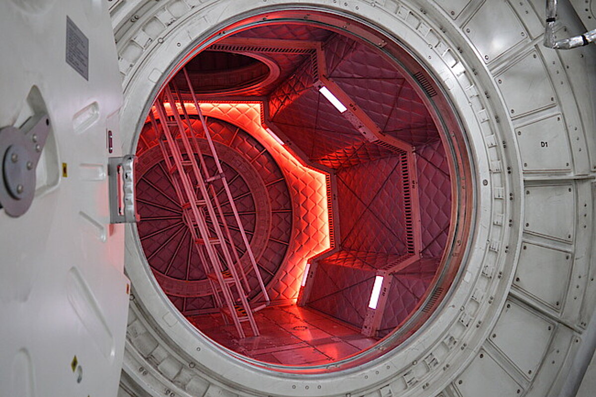 Ein Eingang innerhalb einer Raumstations-Kulisse ist zu sehen
