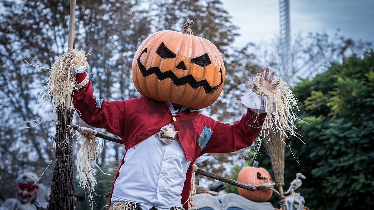Ein verkleideter Mensch mit Kürbis auf dem Kopf bei der Halloween-Parade